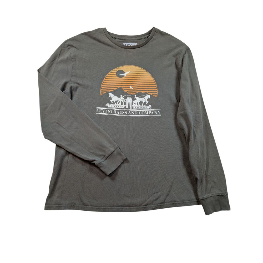 Levi's T-Shirt Mens L Green Long Sleeve Graphic Print Regular Fit Crew Neck
